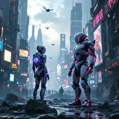 The primary subject of the image is a futuristic city scene featuring two robotic characters standing on a street. The setting is a cityscape with tall buildings and a sky background. The visual style is a combination of photo and digital art, creating a unique and intriguing atmosphere. The colors and mood are predominantly dark and moody, with the presence of the robots adding a sense of mystery and intrigue to the scene.